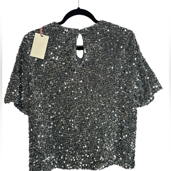 NWT Alex Marie Lia Sequin Velvet Top Silver Crew Neck Short Sleeve Size Large - Picture 2 of 10